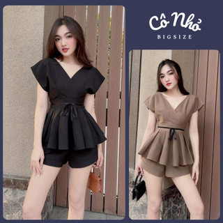 Set đồ nữ sang chảnh bigsize áo peplum cổ tim chiết eo kèm quần đùi lưng chun vải cotton lạnh SET68