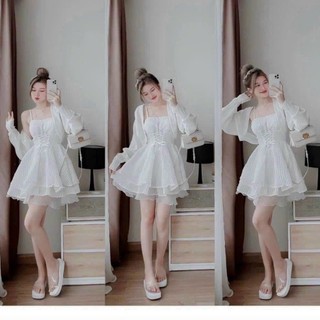 Đầm voan xô hột có mút khoác tơ nến thời trang thiết kế nữ dịu dàng xinh xắn , chân váy ngắn xòe tầng áo 2 dây