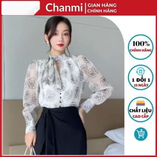 Áo sơ mi nữ thiết kế cổ tròn thắt nơ lệch tiểu thư sang trọng, áo sơ mi kiểu họa tiết hoa hồng vải tơ mềm mại 2 lớp- A10
