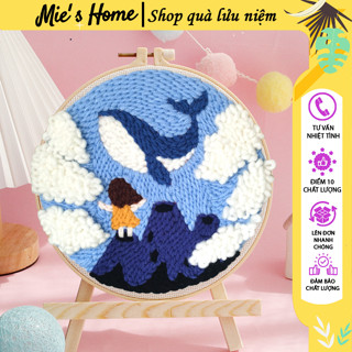 KIT NGUYÊN LIỆU Thêu Len Xù Punch Needle Bộ Tranh Thêu Len Nổi Cá Voi Em Bé - Mie Handmade
