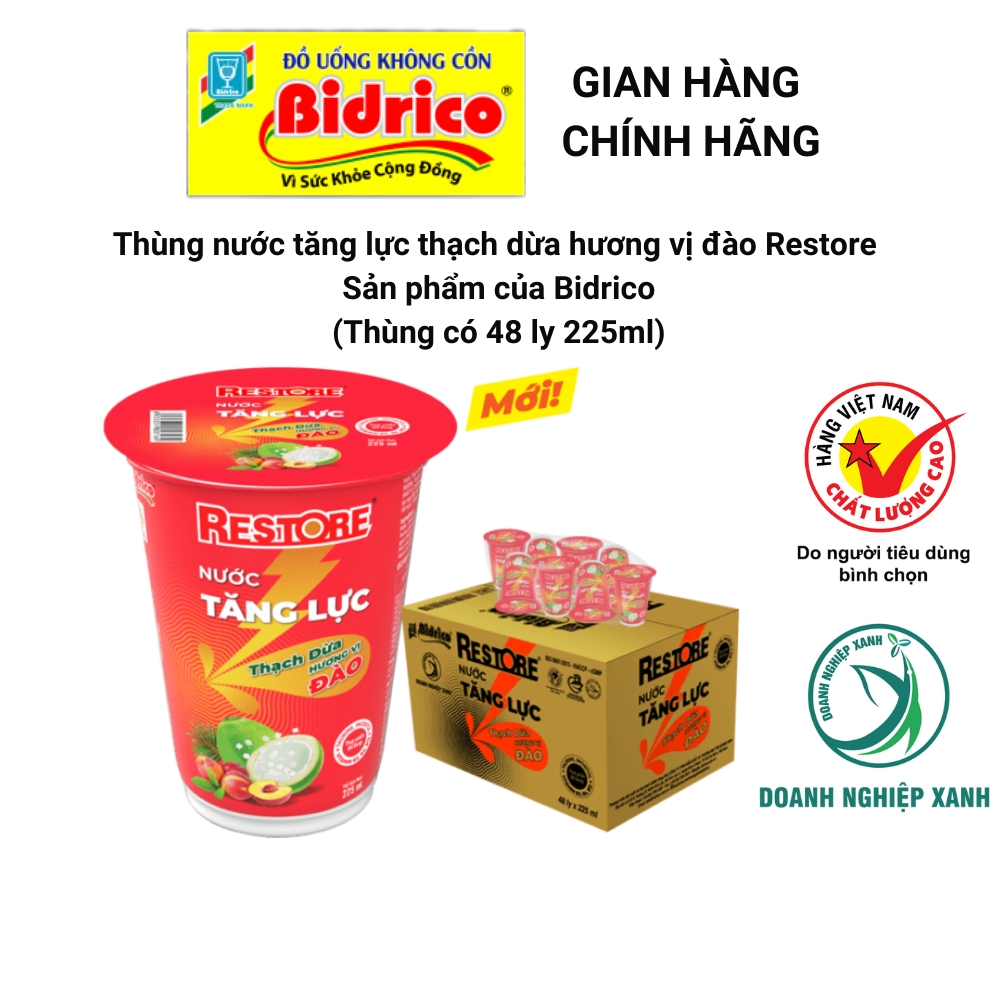 Nước Tăng Lực Thạch Dừa Restore Hương Vị Đào ( Thùng 48 ly 225ml ) - Sản phẩm của Bidrico