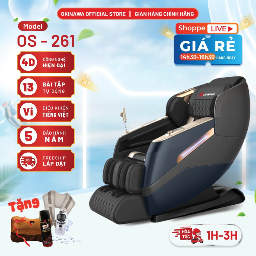 Ghế massage toàn thân Okinawa OS-261, con lăn di chuyển 4D silicon mềm mại, 16 bài tập