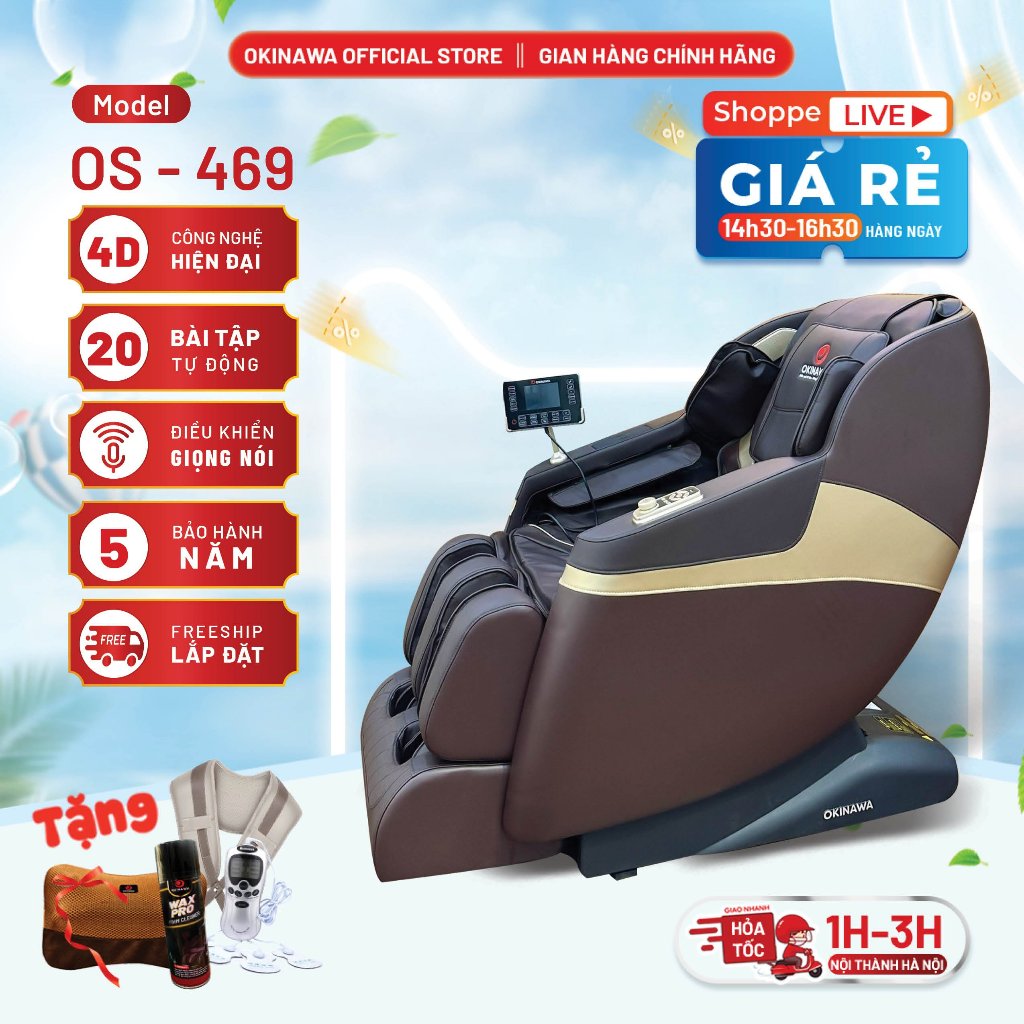 Ghế Massage toàn thân Okinawa OS 469 cao cấp, con lăn di chuyển 4D, 20 bài tập, điều khiển giọng nói