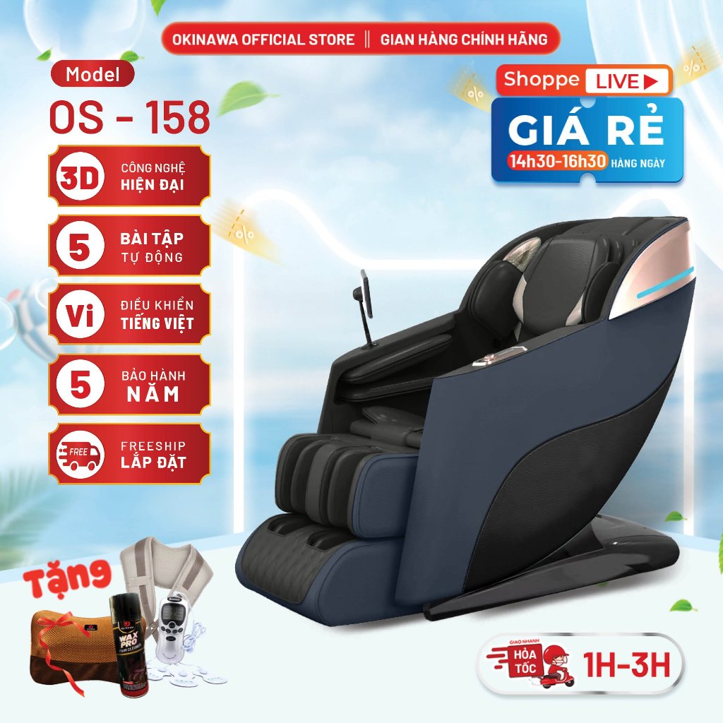 Ghế massage toàn thân trị liệu cao cấp Okinawa OS - 158, hệ thống bi lăn toàn thân