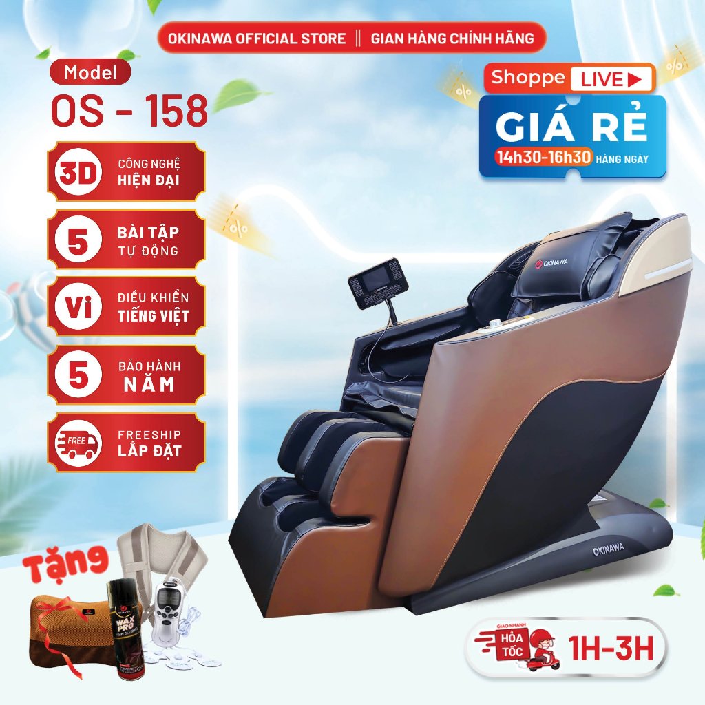 Ghế massage toàn thân trị liệu cao cấp Okinawa OS - 158, hệ thống bi lăn toàn thân