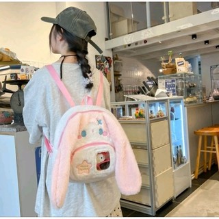 Ba lô nữ bằng lông nhung hình thỏ trắng, thỏ hồng tai dài đáng yêu