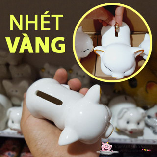 Heo con mạ vàng trang trí tiết kiệm Vàng, Bạc ống heo đựng nhẫn gốm sứ size 1