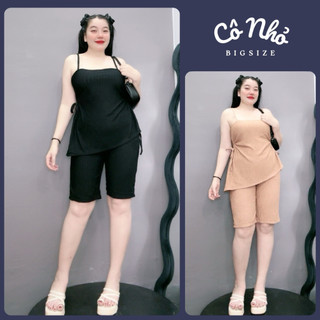 Bộ Đồ Bigsize Nữ Áo Dây Chiết Eo Kèm Quần Ngố Chất Xốp Nhật Mặc Mát Thấm Hút Mồ Hôi SET32