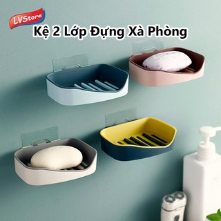 Khay kệ dán tường LVS để xà phòng, hộp đựng xà bông 2 lớp gắn tường có rãnh thoát nước