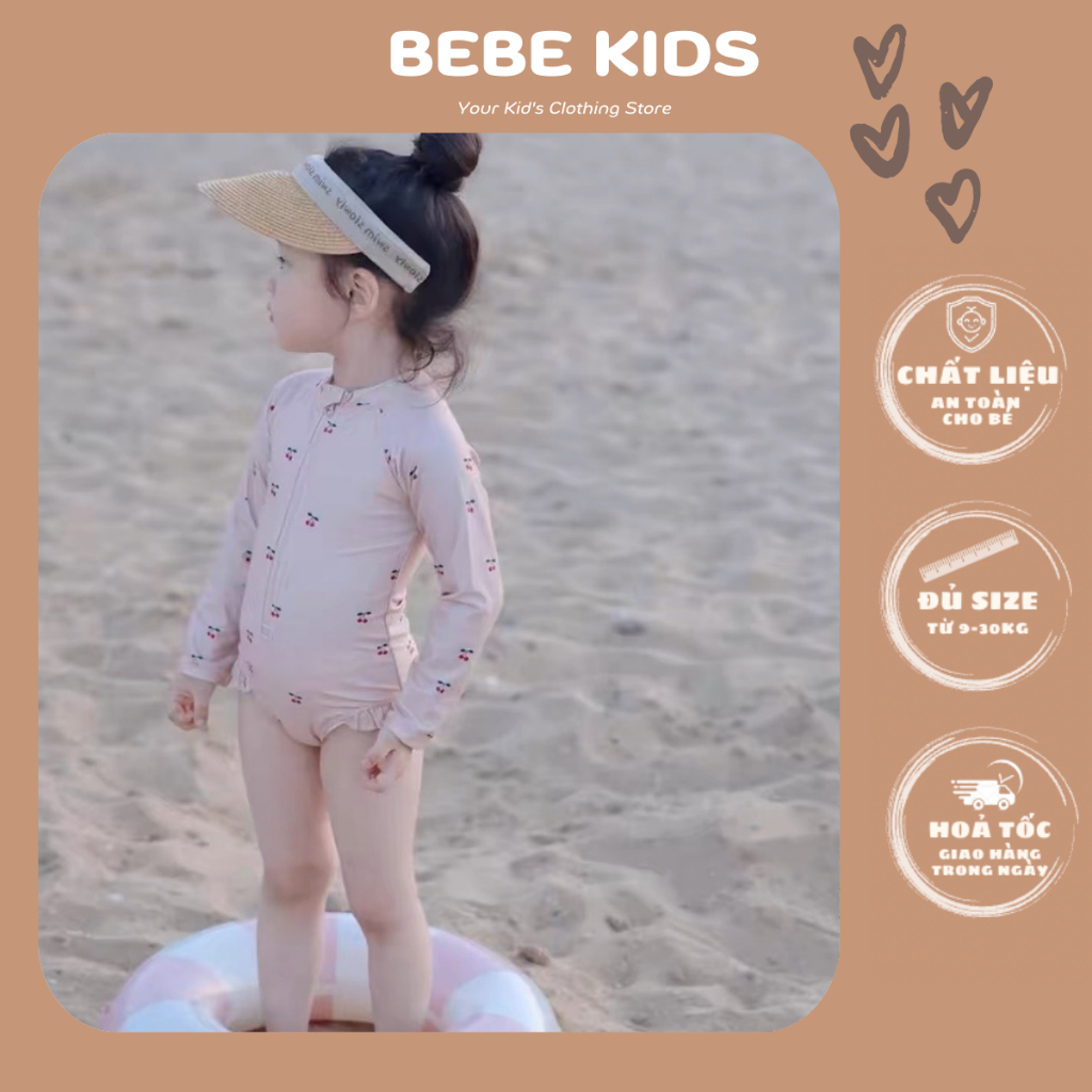 Bộ Đồ Bơi Liền Thân Dài Tay Viền Bèo Bé Gái - Bikini 1 Mảnh Dài Tay Kéo Khóa Cho Bé Từ 2-8 Tuổi