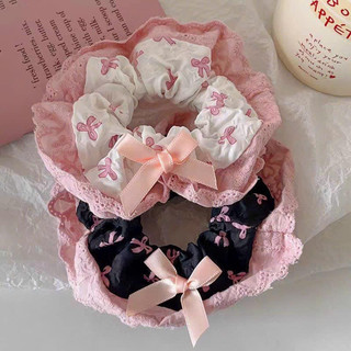 Cột tóc vải in nơ - cột tóc Scrunchie viền bèo ren hồng đính nơ nhỏ xinh