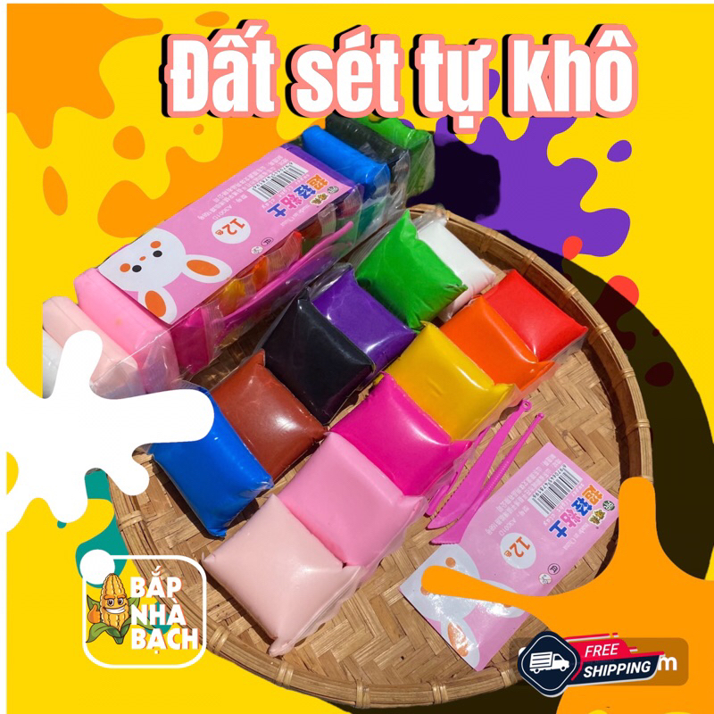 Đất sét, đất nặn tự khô 12 màu an toàn nặn hình đáng yêu siêu nhẹ an toàn cho bé không dính da tay, 