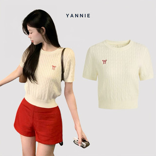 Set áo montagut ngắn tay thêu nơ + quần short đỏ Yannie