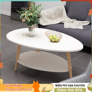 HUHU 90cm Bàn sofa, bàn trà hình Ovan 2 tầng, chân gỗ tự nhiên cao cấp