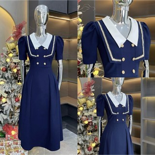 Váy Thiết Kế Evii V39 dành cho nữ Đầm thiết kế cổ V phối viền dạ 6 khuy tay bồng dáng A dài phù hợp đi làm đi chơi