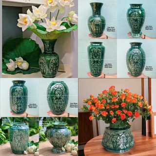 Bình Hoa Lọ Hoa Men Ngọc Khắc Hoa Sen Nổi - Gốm Sứ Bát Tràng - Decor Nội Thất Văn Phòng