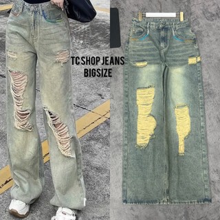 TCSHOPJEANS Quần Jeans Ống Rộng Bigsize Nữ Thêu Túi Chỉ Màu Trước và Sau Màu Dơ Vàng Rách Ms QC 14
