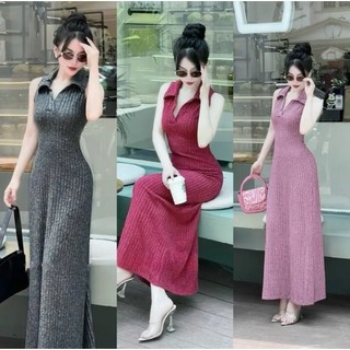 Đầm body sát nách cổ sơ mi len dệt kim