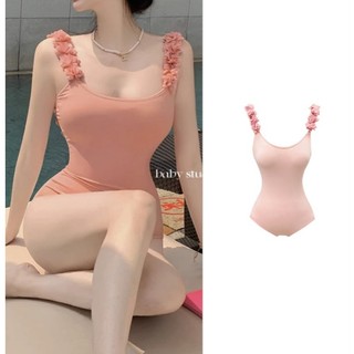 Bikini liền thân hồng/đen hai dây đính hoa basic đi biển hè