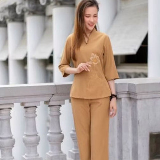 Đồ lam đi chùa cho nữ - Nút Ngọc thêu Hoa Sen chất liệu kate lụa cao cấp phong cách lịch sự