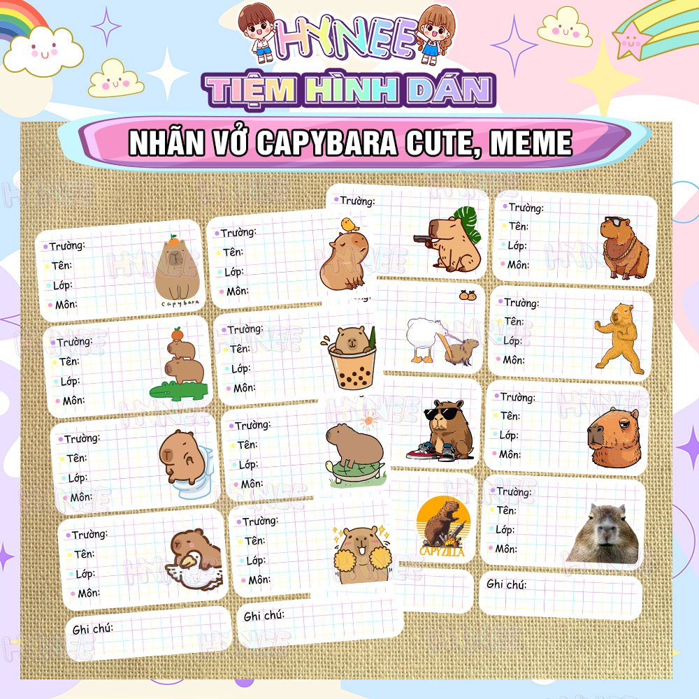 Nhãn Vở Capybara, Nhãn Dán Vở Cute, MeMe - Giấy Nhãn Capybara, Nhãn tên Capy Dán Cắt Sẵn - Sticker C