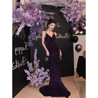 Đầm dự tiệc cao cấp nhẹ nhàng sang trọng phong cách quý phái đầm dây hở lưng màu tím đính sequin