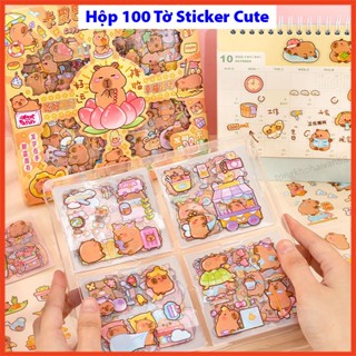 Hộp 100 tấm sticker Capy cute dễ thương thiết kế xinh trang trí dán tập vở, bình nước, bút và nhiều vật dụng khác