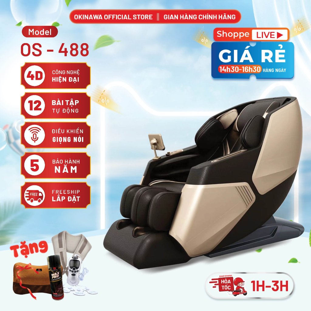Ghế massage toàn thân cao cấp Okinawa Os-488 hệ thống bi lăn 4D silicon mềm mại