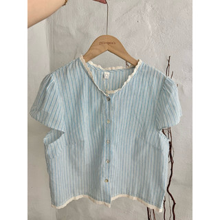 Áo sơ mi sọc viền ren màu xanh 83062