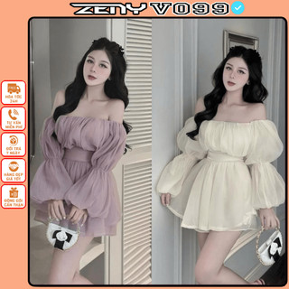Jum tơ trễ vai nữ tay bồng chiết eo siêu xinh, Đầm trễ vai tay dài phong cách tiểu thư  V099 KAZY DRESS