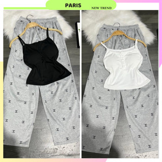 Set bộ đồ nữ gồm áo 2 Dây 4 Cúc Chất Tăm Lạnh Có Đệm Ngực mix quần CHAL chất dày đẹp