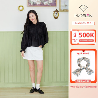 Áo sơ mi dài tay tơ đen ly nhún ngực madelen