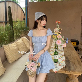 Váy nữ đũi kẻ cổ vuông dáng ngắn chiết eo tặng kèm turban tiểu thư 24Febstudio VN70