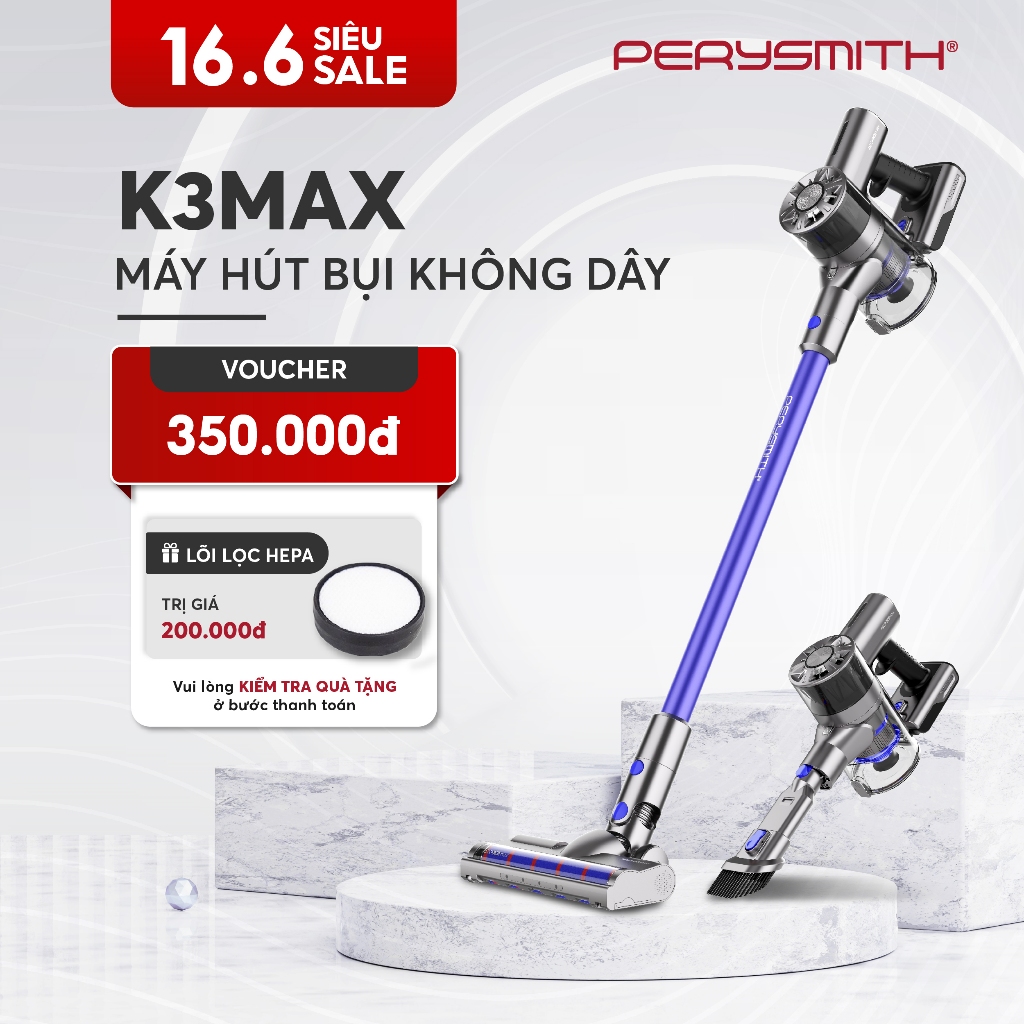 PerySmith K3MAX Máy Hút Bụi Không Dây Cầm Tay Lực Hút Mạnh 19000PA Màn Hình LED Bảo Hành 12 Tháng
