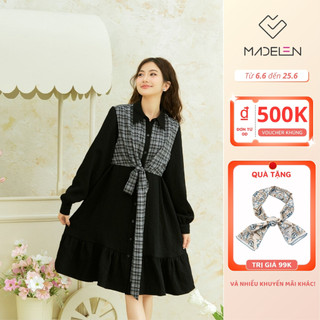 Váy liền dài tay chân nhún đen phối kẻ madelen