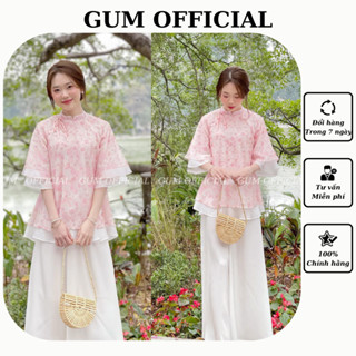  Set bộ cách tân Tuyết Mai  kèm quần  chất tơ cao cấp phối nơ cúc vai Gum Official,Bộ pháp phục đi lễ dáng xuông-SB001 