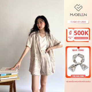 Set blazer ngắn tay màu kẻ xanh blue và be MADELEN