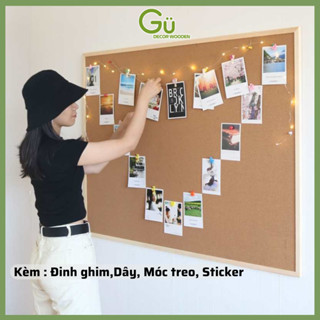 Bảng ghim gỗ bần size to 60 x 90cm ghim ảnh,tài liệu, giấy note trang trí tường Tặng kèm phụ kiện