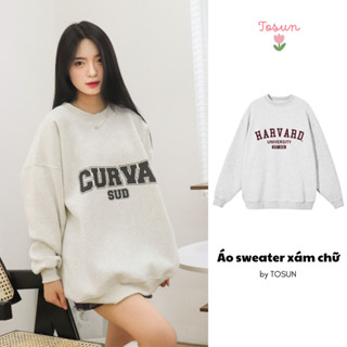 Áo Sweater Nỉ Bông TOSUN Form Rộng Unisex Màu Xám Tiêu In Chữ Basic S02