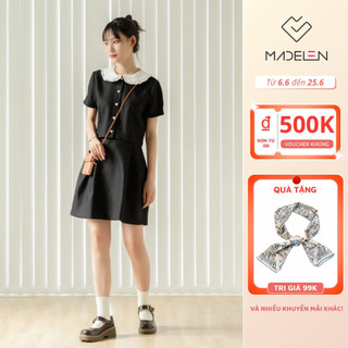 Summer croptop set áo cropped shirt cổ sen đen và mini skirt đen xòe MADELEN
