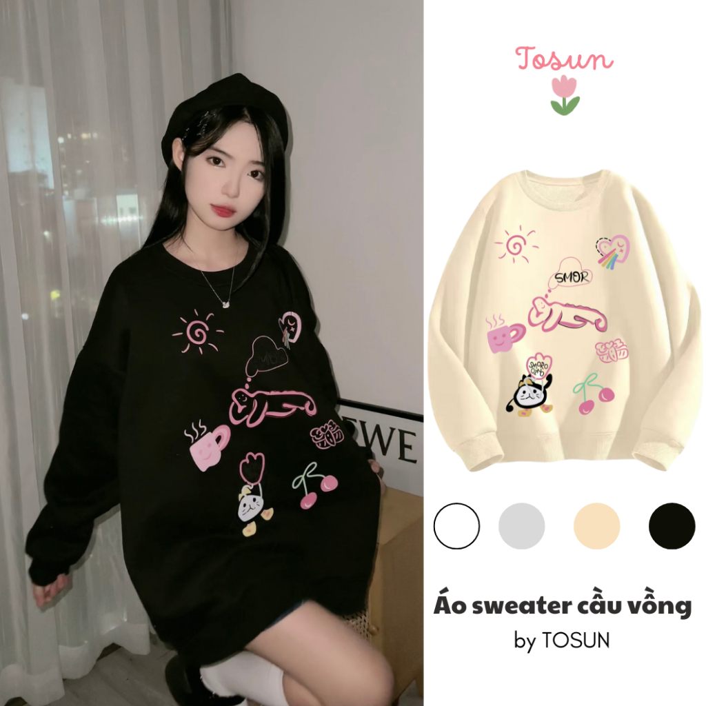 Áo Sweater 𝐓𝐎𝐒𝐔𝐍 Chât Nỉ Bông Họa Tiết Cầu Vồng Dễ Thương Form Rộng Tay Bồng S17