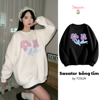 Áo Sweater TOSUN Chất Nỉ Bông Dày Form Rộng Unisex In 5D Họa Tiết Bông Hoa Tím Dễ Thương S16