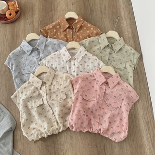 Áo sơ mi croptop nữ tay hến cổ bẻ túi ngực in nhiều chữ M rút dây bo gấu hàng Quảng Châu 418 G37