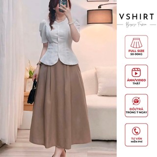 Áo đũi lạnh khuy thân phối Chân váy ly 2 ben nâu nhạt bigsize (50kg đến 90kg) VSHIRT