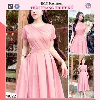 V4822 Váy hồng cổ V dáng xòe xếp ly dài công sở [Dolce Viva Colection (DVC)] đầm hồng xòe thiết kế nữ tính