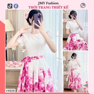 V4926 Váy trắng phối chân váy hoa hồng (tặng kèm đai váy) [Dolce Viva Colection (DVC)] váy trắng xòe hoa hồng thiết kế