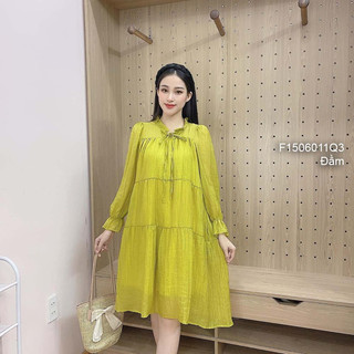 Đầm tơ nhăn suông có lót cổ thắt dây nơ tay dài bo 0624 thaotranshop90