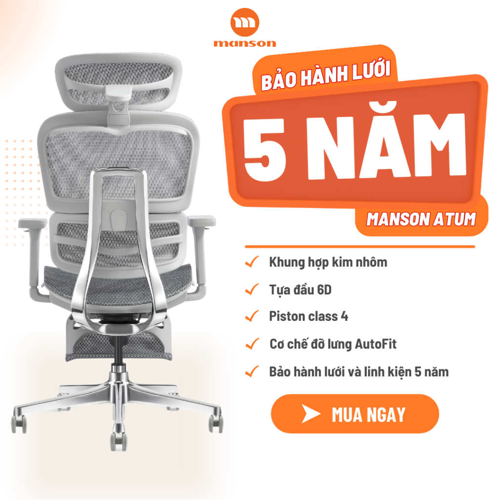 [Chính Hãng] Ghế Manson Atum Màu Đen / Xám - Ghế Xoay Công Thái Học, Lưng Hợp Kim Nhôm, Tựa 6D | BigBuy360 - bigbuy360.vn