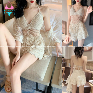  Đồ bơi nữ bikini set 3 món ren móc len sợi quảng châu mẫu mới áo bra tua rua áo khoác lưới đi biển 