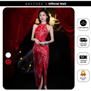  Đầm Body Cổ Yếm Dự Tiệc Chất Liệu Tơ Xốp Thêu Hoa Xẻ Tà Tôn Dáng BBSTORE'S -D2933